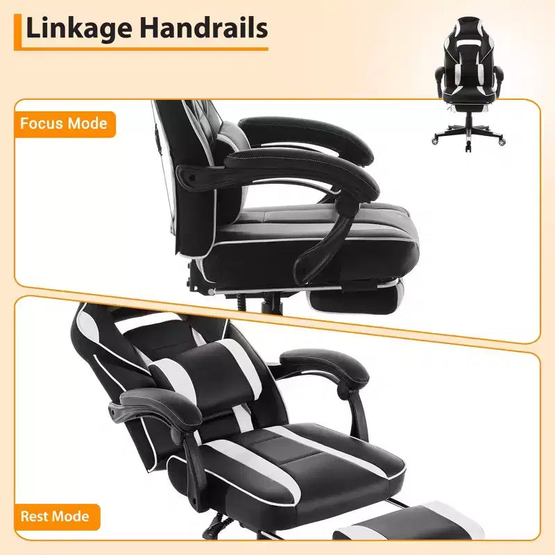 Chaise de jeu ergonomique inclinable avec repose-pieds rétractable, fauteuil de bureau d'ordinateur de course en cuir PU à dossier haut avec soutien lombaire et appui-tête pour le bureau