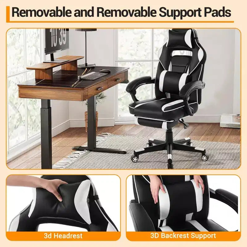 Chaise de jeu ergonomique inclinable avec repose-pieds rétractable, fauteuil de bureau d'ordinateur de course en cuir PU à dossier haut avec soutien lombaire et appui-tête pour le bureau