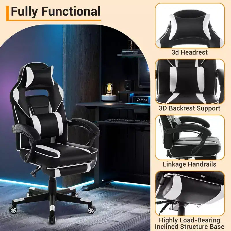 Chaise de jeu ergonomique inclinable avec repose-pieds rétractable, fauteuil de bureau d'ordinateur de course en cuir PU à dossier haut avec soutien lombaire et appui-tête pour le bureau