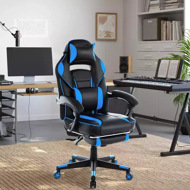 Chaise de jeu ergonomique inclinable avec repose-pieds rétractable, fauteuil de bureau d'ordinateur de course en cuir PU à dossier haut avec soutien lombaire et appui-tête pour le bureau