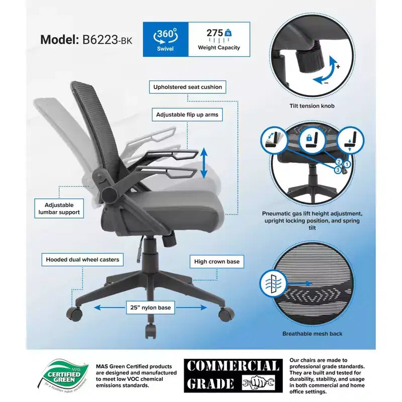Fauteuil de bureau en maille Flip Arm noir - : pneumatique, pivotant, rembourré, capacité de 125 kg