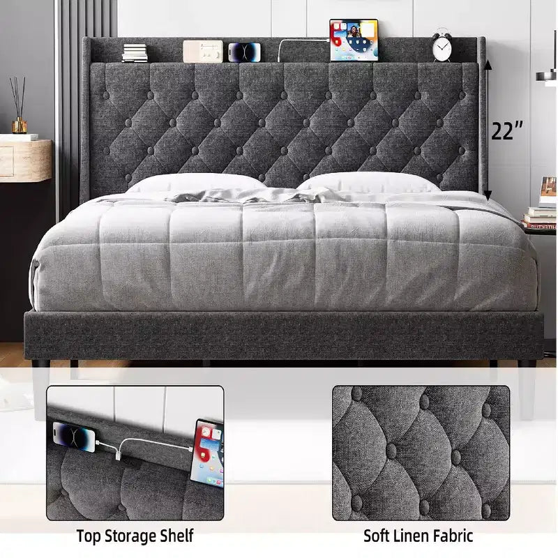 Cadre de lit King Size avec ports de charge et étagère de rangement, lit plateforme rembourré avec tête de lit capitonnée, sommier tapissier non requis, gris
