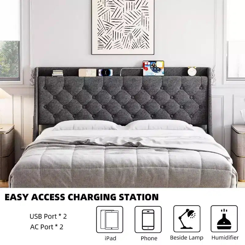 Cadre de lit King Size avec ports de charge et étagère de rangement, lit plateforme rembourré avec tête de lit capitonnée, sommier tapissier non requis, gris