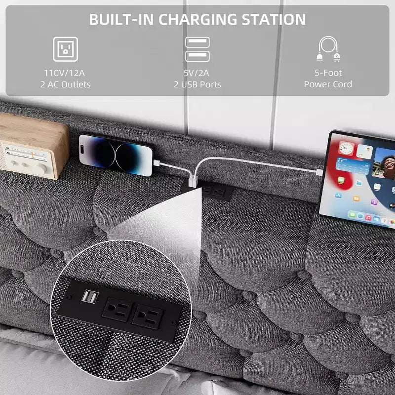 Cadre de lit King Size avec ports de charge et étagère de rangement, lit plateforme rembourré avec tête de lit capitonnée, sommier tapissier non requis, gris