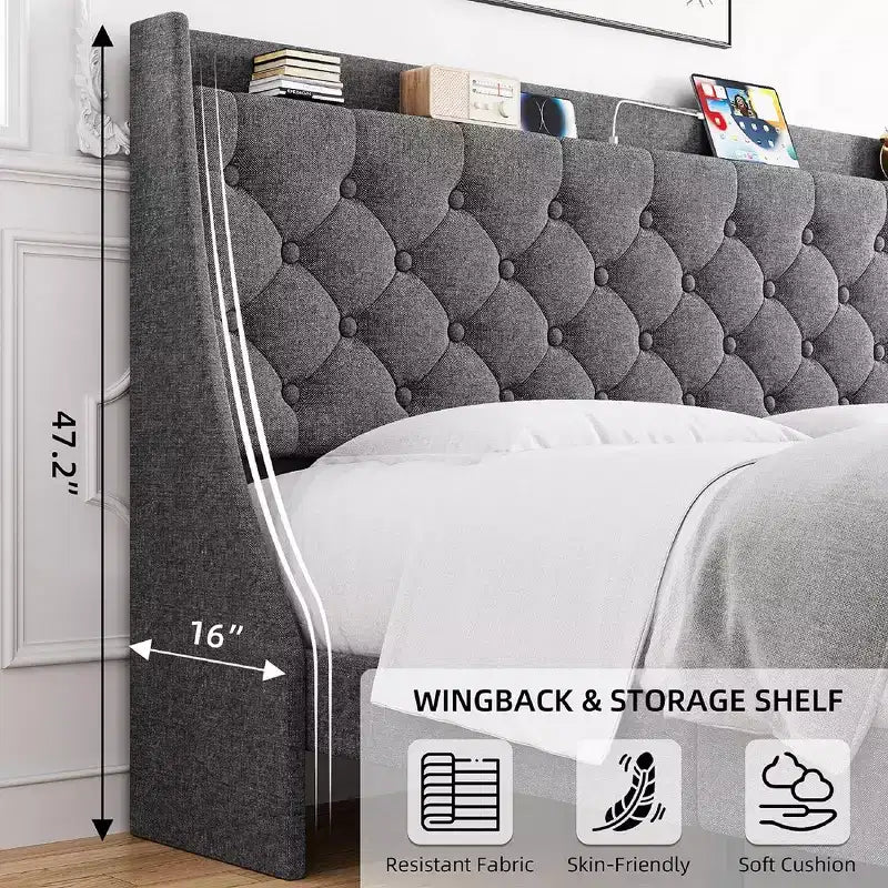 Cadre de lit King Size avec ports de charge et étagère de rangement, lit plateforme rembourré avec tête de lit capitonnée, sommier tapissier non requis, gris