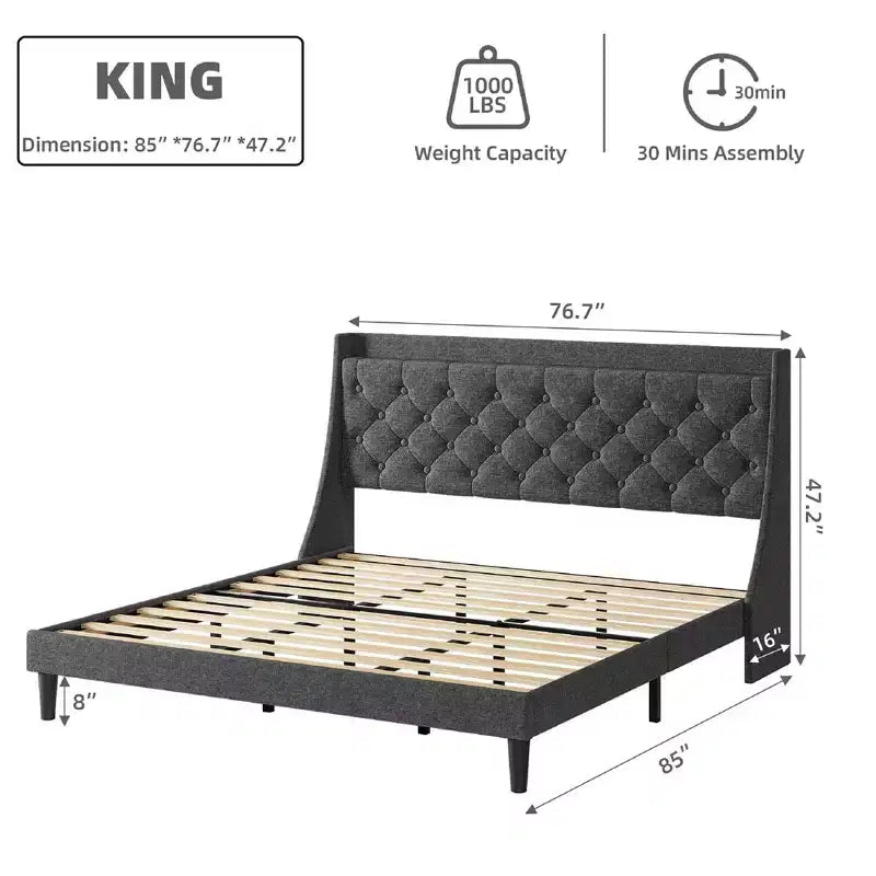 Cadre de lit King Size avec ports de charge et étagère de rangement, lit plateforme rembourré avec tête de lit capitonnée, sommier tapissier non requis, gris